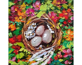 Easter Nest Of Eggs Fine Art Easter Painting Blossoms Flowers Artwork Meadow Impasto Original Artwork Easter Gifts by ArtSenya