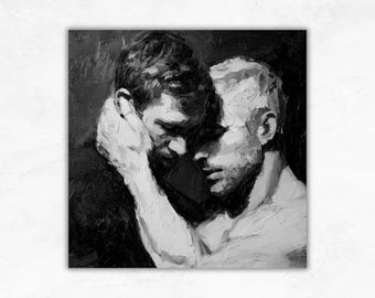 Gay Couple Oil Painting Intimate Male Portrait LGBTQ Wall Decor Emotional Embrace Art Gift for Him by ArtSenya