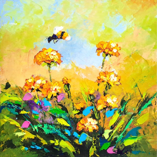 Löwenzahn Malerei Blumen Original Art Floral Impasto Ölgemälde Honigbiene Wandkunst