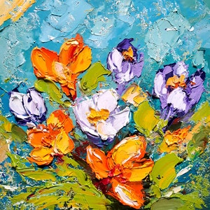 Crocus Blooms Painting Spring Flowers Original Art Floral Impasto Oil Artwork Spring Gifts by ArtSenya