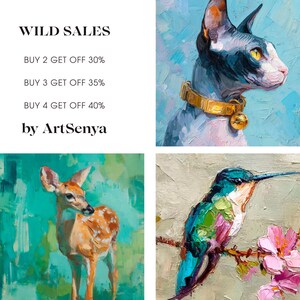 Puede incluir: Imagen con cuatro pinturas al &oacute;leo. Arriba a la derecha, un gato gris con collar dorado. Abajo a la izquierda, un ciervo. Abajo a la derecha, un colibr&iacute;. Texto: "WILD SALES" y "by ArtSenya".