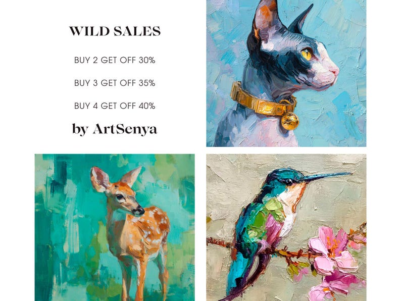 Puede incluir: Imagen con cuatro pinturas al &oacute;leo. Arriba a la derecha, un gato gris con collar dorado. Abajo a la izquierda, un ciervo. Abajo a la derecha, un colibr&iacute;. Texto: "WILD SALES" y "by ArtSenya".