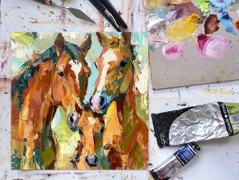 Horse Family Canvas Original Painting Farm Animals Impasto Art Rustic