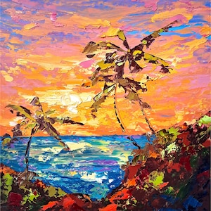 Hawaii Impasto Oil Painting Oahu Seascape Original Art Sunset Artwork Palm Trees Wall Art Travel Gifts Home Wall Decor by ArtSenya