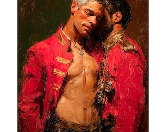 May include: Oil painting of two figures in red jackets, one with an open chest, the other embracing. The jackets have gold accents. The painting has a warm color palette with visible brushstrokes, suggesting a historical or romantic theme.