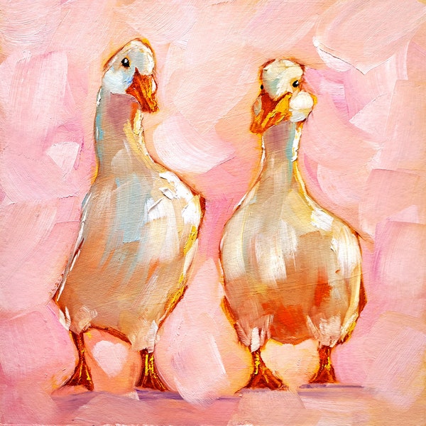 Geese Painting Goose Original Art Farm Animal Oil Painting Bird Artwork Friendship Wall Art