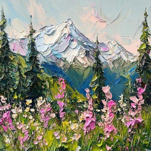 Rocky Mountains Impasto Art Colorado Wildflowers Oil Canvas Oil Painting Landscape Wall Art Snowy Peak Artwork Gift by ArtSenya