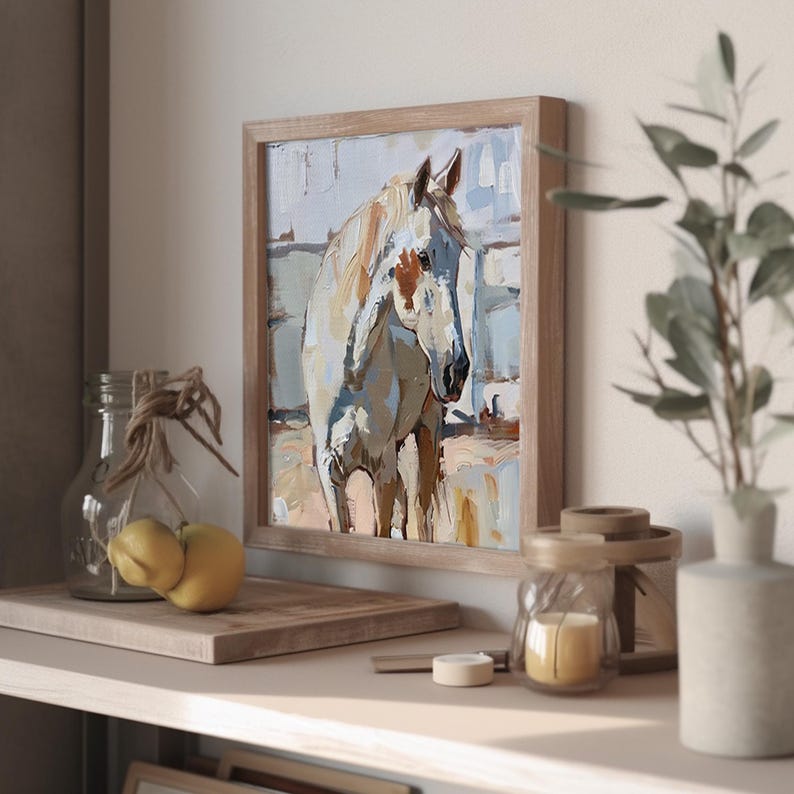 Horse Canvas Original Fine Art White Horse Artwork Farm Animals Wall
