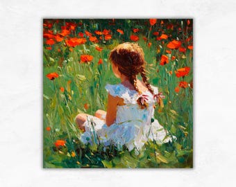 女の子のアート：ポピー畑のインパスト油絵 子供用ウォールアート 素朴