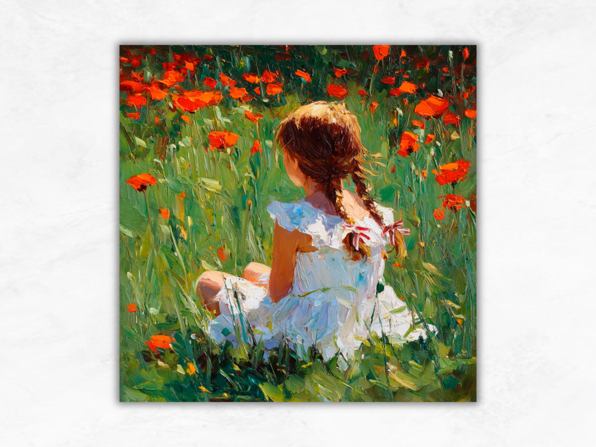 女の子のアート：ポピー畑のインパスト油絵 子供用ウォールアート 素朴