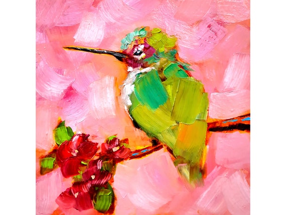 Hummingbird Painting Original Oil Art Colorful Bird Artwork Gift by ArtSenya