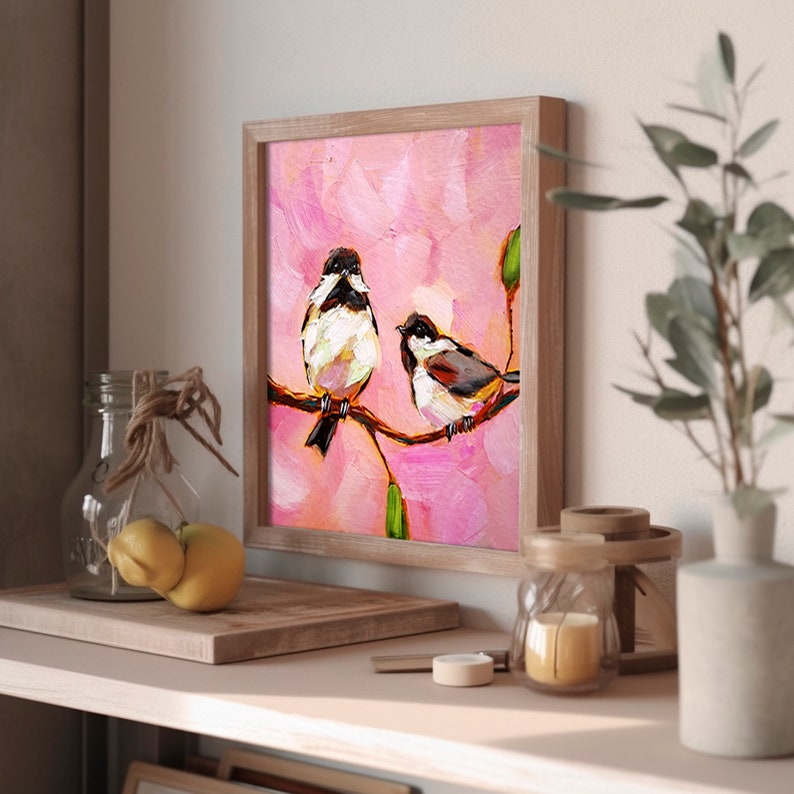 Chickadee Painting Bird Original Art Couple Animals Oil Painting Friendship Artwork image 5