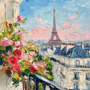 Paris Oil Painting Romantic Eiffel Tower View with Pink Roses French Cityscape Wall Decor Window Scene Travel Gift by ArtSenya
