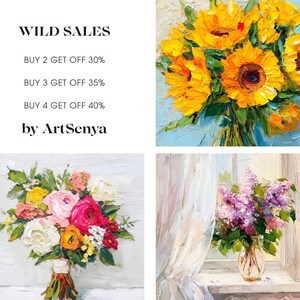 May include: A collage of three paintings featuring floral arrangements. The top image shows a bouquet of yellow sunflowers. The left image shows a bouquet of pink, white, and yellow flowers. The right image shows a bouquet of purple lilac flowers in a clear glass vase.