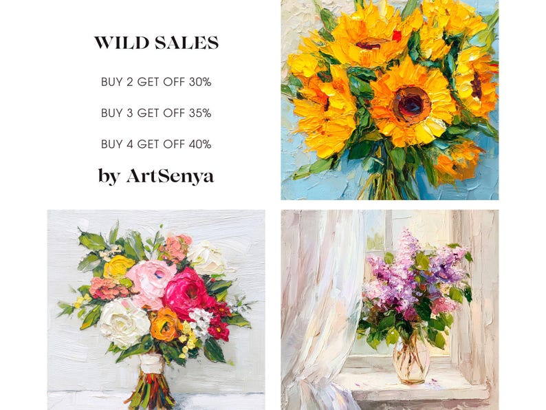 May include: A collage of three paintings featuring floral arrangements. The top image shows a bouquet of yellow sunflowers. The left image shows a bouquet of pink, white, and yellow flowers. The right image shows a bouquet of purple lilac flowers in a clear glass vase.