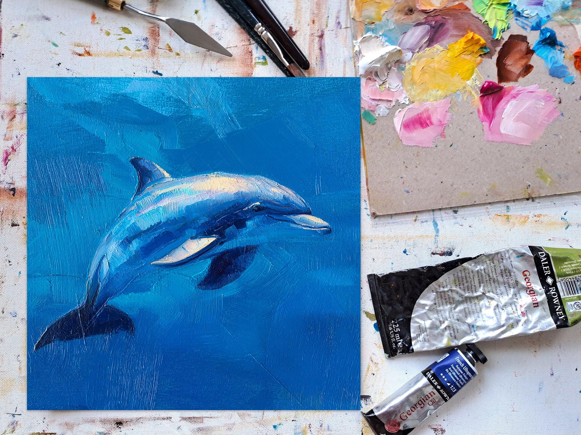 イルカの絵画：海のキャンバスアート、青い海の動物の油絵 - Etsy 日本