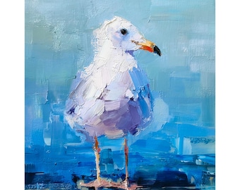 Seagull Original Oil Painting Coastal Bird Wall Art Ocean Wildlife Portrait Beach House Decor