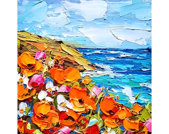 California Poppies Seascape Painting Original Impasto Oil Artwork Travel Gift by ArtSenya