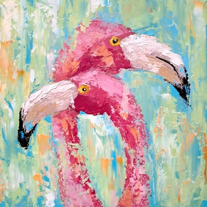 Flamingo Painting Wild Animal Original Art Tropical Birds Oil Wall Art Friendship Artwork