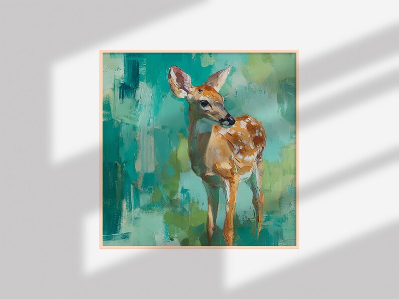 Puede incluir: Pintura enmarcada de un ciervo con pelaje marr&oacute;n claro y manchas blancas. El ciervo se encuentra frente a un fondo de pinceladas turquesas y verdes. La obra de arte se exhibe en una pared blanca con una sombra.