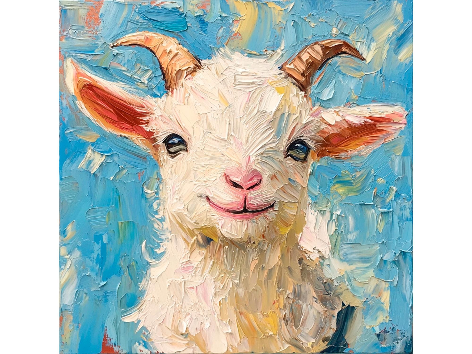 ヤギの油絵：インパストファームハウスナーサリーアート、10x10