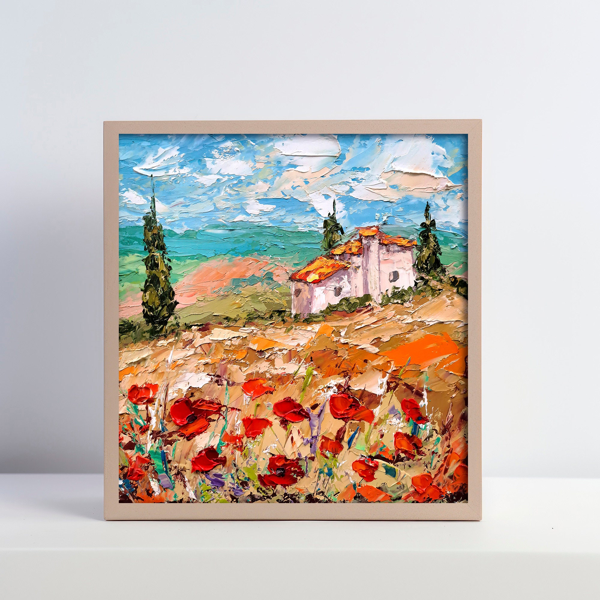 Tuscany Painting Italy Countryside Original Art Poppy Fields
