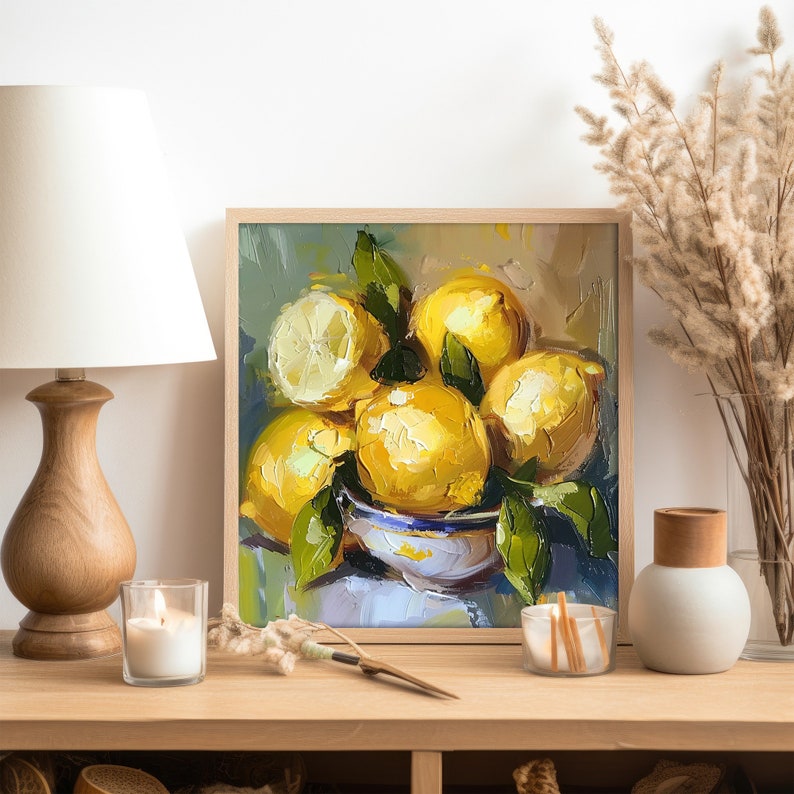 May include: A painting of a bowl of lemons with green leaves. The lemons are yellow and have a textured surface. The bowl is white with blue trim. The background is a light blue and green.
