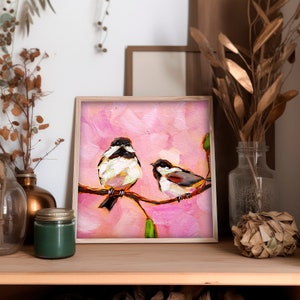 Chickadee Painting Bird Original Art Couple Animals Oil Painting Friendship Artwork image 8
