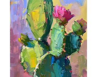 Pintura al óleo de flor de cactus: Arte original en lienzo con pinceladas (25,4 x 25,4 cm)
