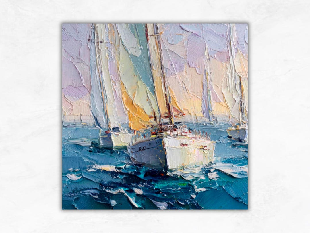 インパストヨット絵画：帆船レガッタ、海景油絵 - Etsy 日本