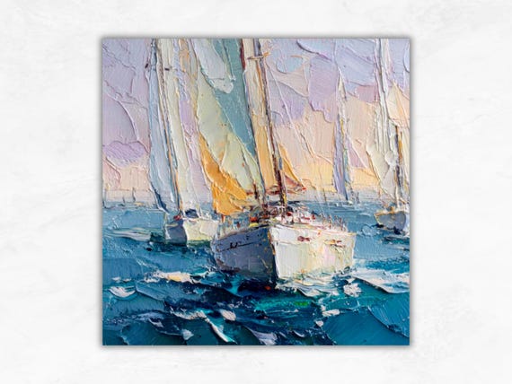 絵画 ヨット停泊 インパストヨット絵画：帆船レガッタ、海景油絵 - Etsy 日本
