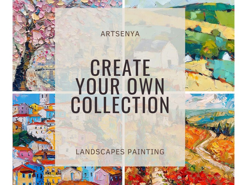 May include: A collage of colorful landscape paintings with the text "ARTSENYA CREATE YOUR OWN COLLECTION LANDSCAPES PAINTING" in the center.