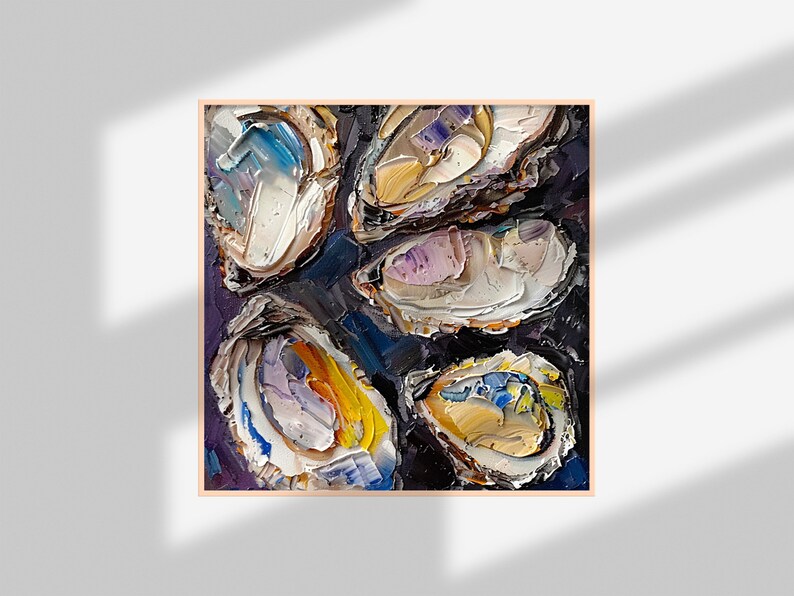 May include: A painting of five oysters on a dark background. The oysters are painted in a variety of colors, including white, blue, purple, and yellow. The painting has a textured, impasto style.