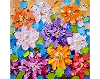 Dahlia Flowers Painting Blossoms Floral Artwork Impasto Original Artwork Meadow Wall Art  by ArtSenya