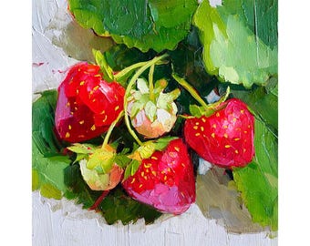 いちごの油絵：静物画 オリジナルキッチン装飾（8x8） - Etsy 日本