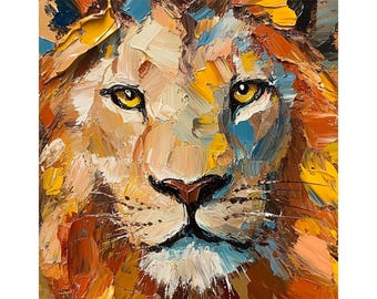 Lion Oil Painting: African Animal Portrait, Original Palette Knife Art