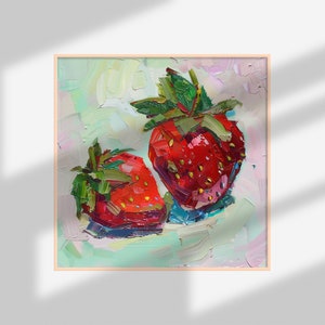 May include: A painting of two red strawberries with green leaves on a light blue and pink background.