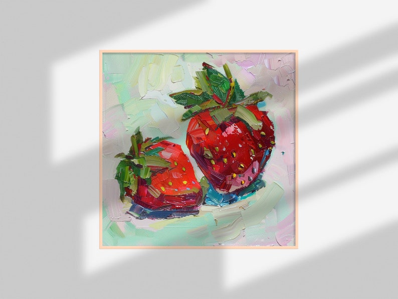 May include: A painting of two red strawberries with green leaves on a light blue and pink background.