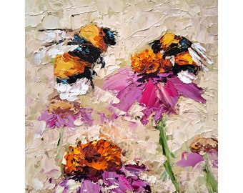 Biene Ölgemälde Sonnenhut Impasto Original Kunst Blumen Kunstwerk Rosa Gänseblümchen Wandkunst von ArtSenya