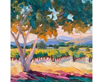 Napa Valley Vineyard Painting California Landscape Wall Art Impressionist Oil Painting Tree and Mountain Wall Decor by ArtSenya