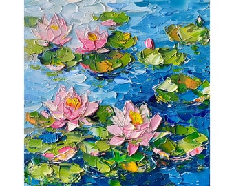 川の絵 オリジナル絵画 蓮の絵 睡蓮の池 睡蓮 ユリの花 花の絵 花柄
