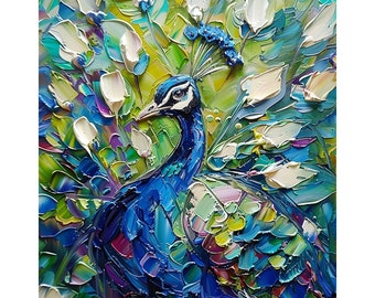 Peacock Bird Original Painting Birds Oil Art Animals Impasto