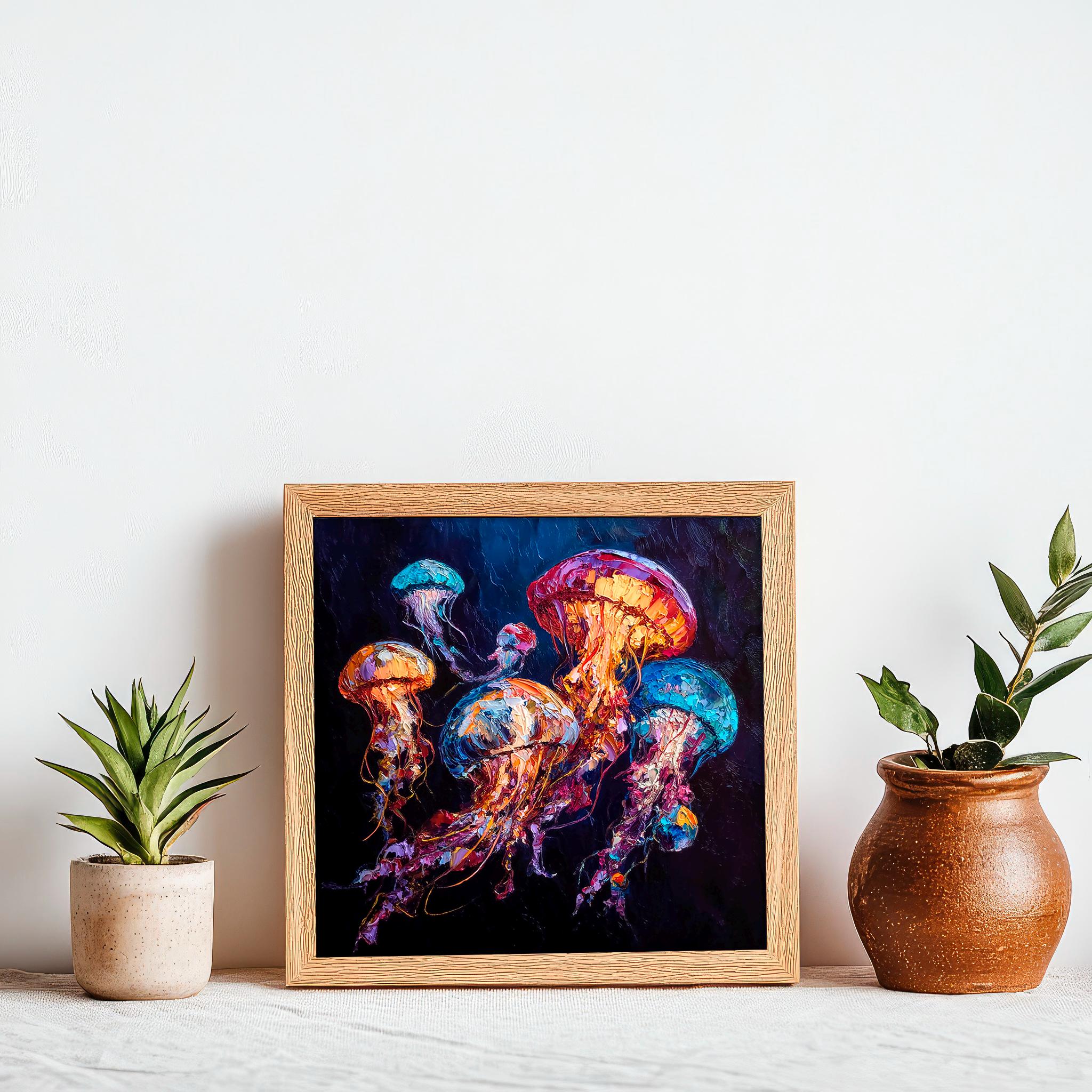 クラゲの絵画：油彩画による海のアート、カラフルな海の生き物
