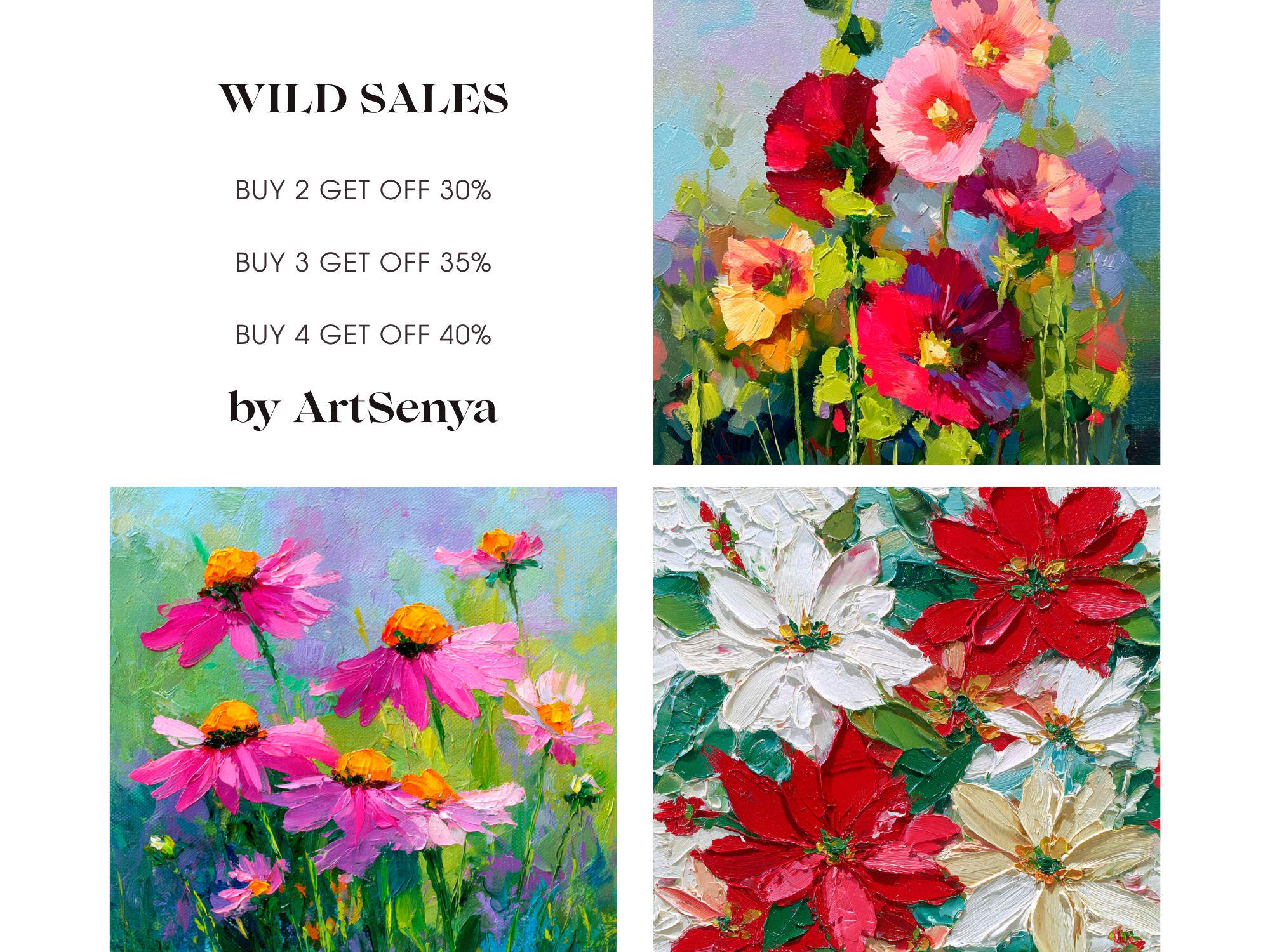 ポインセチアの絵画：クリスマスの花のオリジナル油絵、赤と白の花の