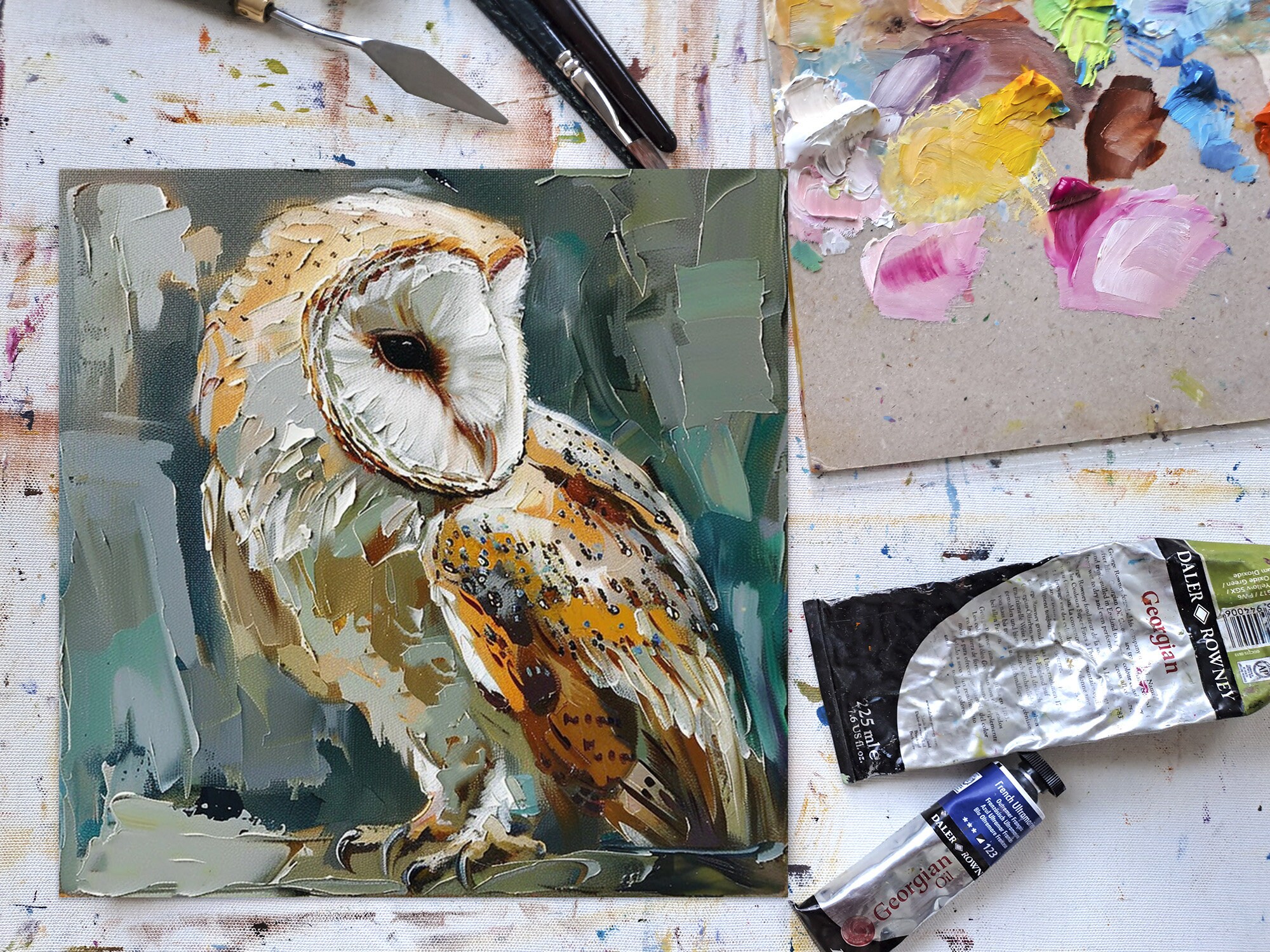 メンフクロウの油絵 キャンバス 農場の動物 オリジナルアート 鳥