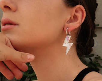 Handmade Earrings from Recycled Plastic | Lightning Shape | Minimal, Colourful and Sustainable | Medical Grade Sterling Silver & Gold Hoops