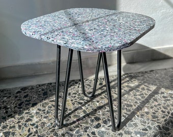 Custom Handmade Bedside Tabletop from Recycled Plastic | Small Square Marble Terrazzo Style Night Stand | Aesthetic & Sustainable Coffee Top