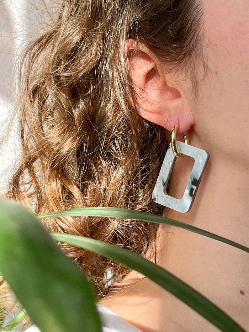 Handmade Earrings from Recycled Plastic Rectangle Shape Minimal, Colourful and Sustainable Medical Grade Sterling Silver & Gold Hoops image 1