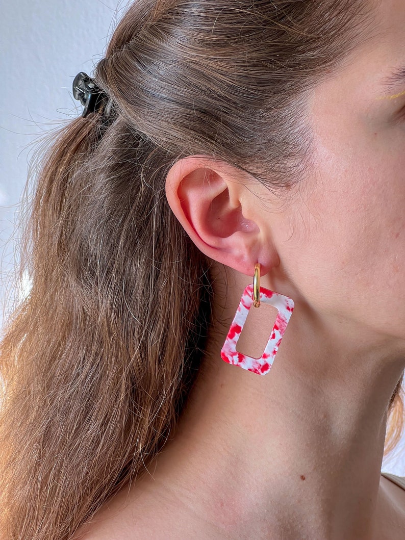 Handmade Earrings from Recycled Plastic Rectangle Shape Minimal, Colourful and Sustainable Medical Grade Sterling Silver & Gold Hoops image 4