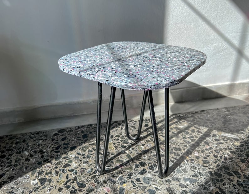 Custom Handmade Bedside Tabletop from Recycled Plastic Small Square Marble Terrazzo Style Night Stand Aesthetic & Sustainable Coffee Top image 1